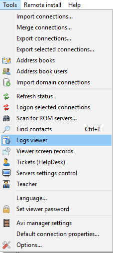 Logs viewer menu