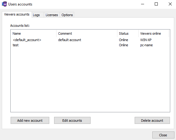The accounts list