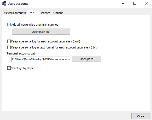 Logs page in Users accounts