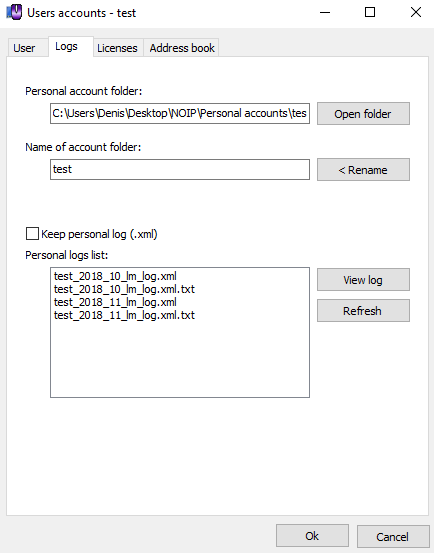 account settings, Logs page
