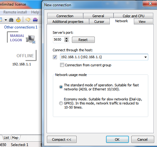 Property to connect to the server through