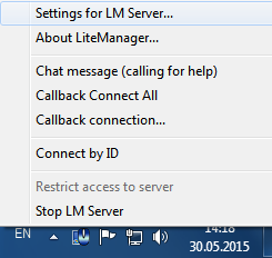 context menu of the server icon