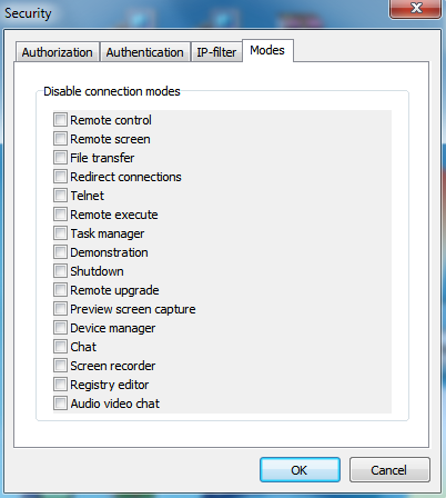 On the security Modes tab